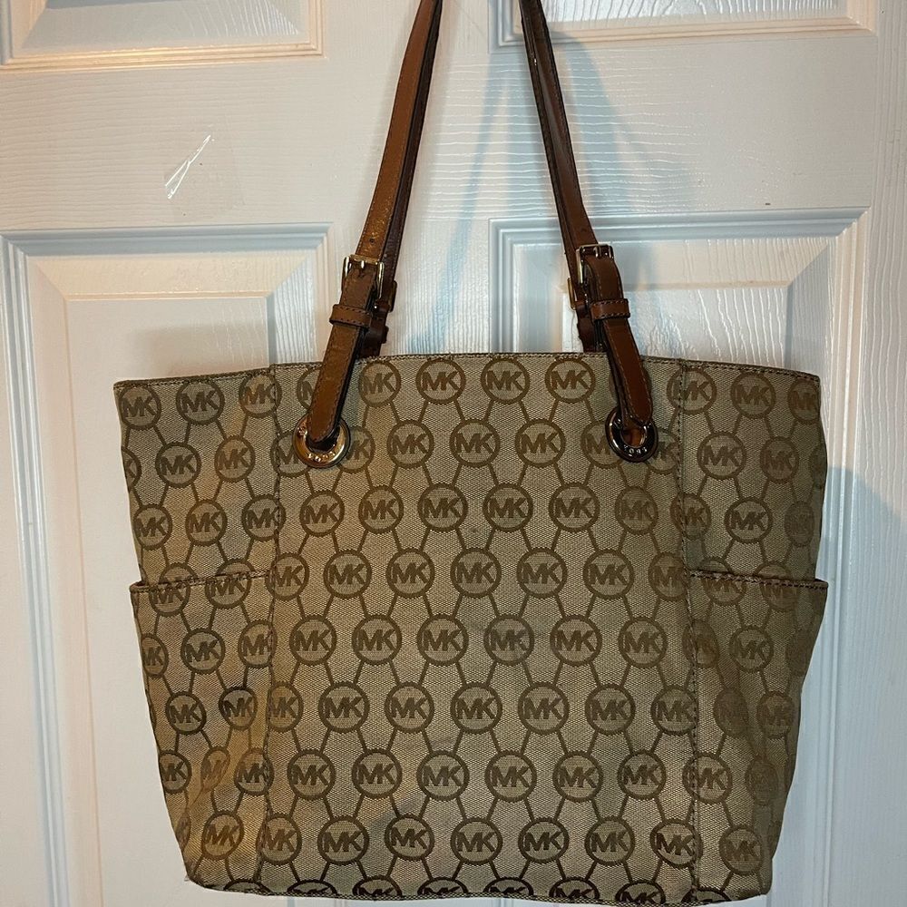 Michael Kors canvas logo khaki & Brown medium tote leather straps .
